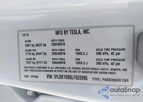 2020 Tesla Model 3 Long Range Dual Motor All-Wheel Drive from USA, damaged, VIN 5YJ3E1EB5LF622095